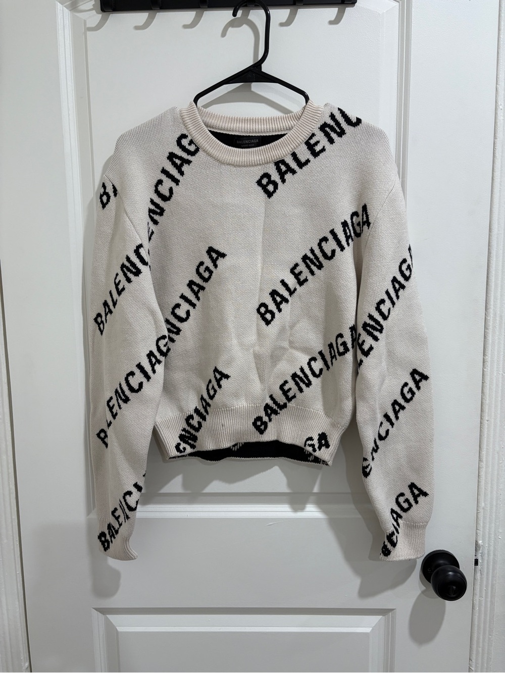 Balenciaga Cream Knit Logo Sweater with Black Script